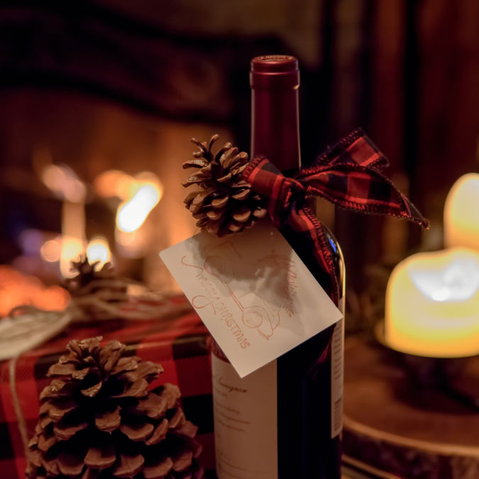 Wine bottle gifts and cozy fireplace