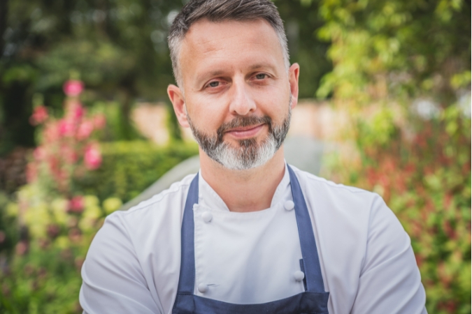 Chef Mark Birchall in the kitchen garden at Moor Hall