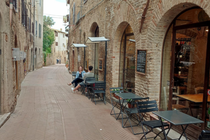 The cobbled street outside the wine bar and shop La Vecchia Nicchia.
