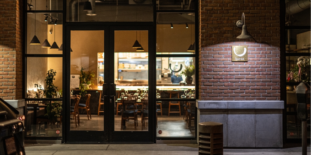 A photograph taken from outside the Korean restaurant Baroo in Los Angeles