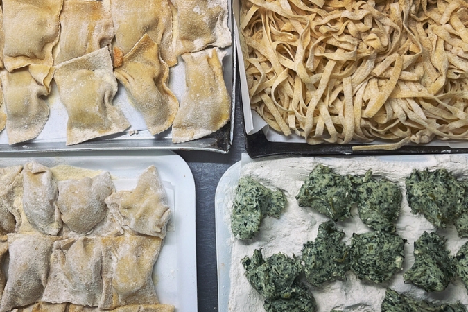 Trays of fresh pasta at Trattoria La Casa del Prosciutto