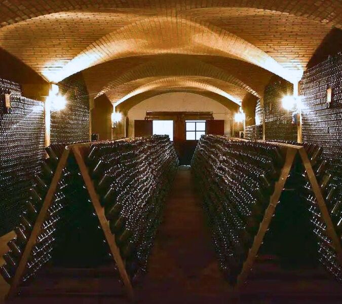 Bottles in the cellar at Freccianera in Franciacorta
