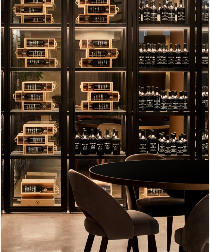 Interior of the Kopke hotel, filled with port bottles