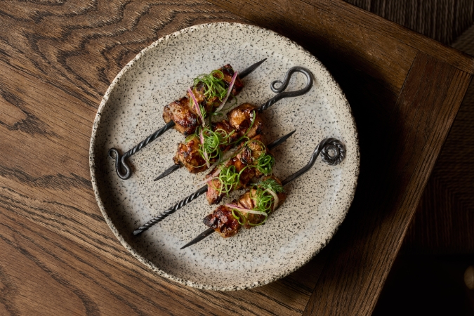 A series of skewers at one of London's best Greek restaurants, Pyro