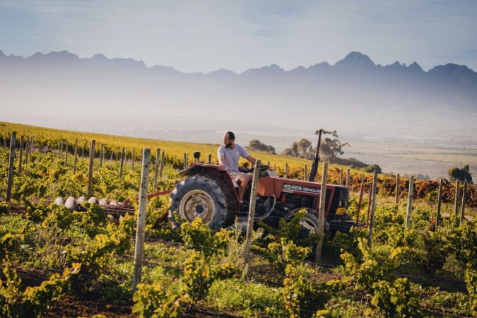 Boschkloof winemaker Reenen Borman on a tractor on the estate