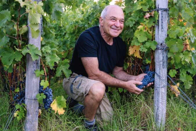 Will Berliner crouching between vines at a Cloudburst vineyard