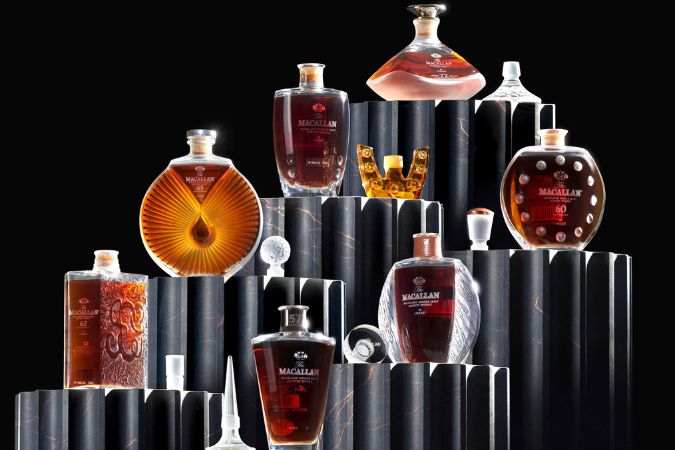 The complete Macallan in Lalique Six Pillars series, which made its Bonhams auction debut in June 2025 and achieved a collective total of $492,500, with all bottles successfully sold