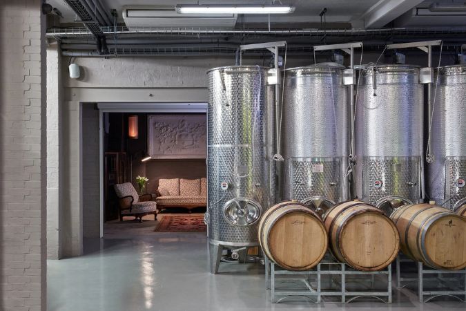 Tanks and barrels inside London Cru winery