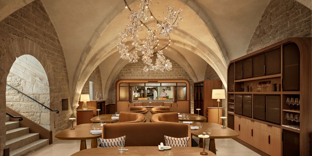 interior of cellar restaurant Le VIII at Chateau la Commaraine