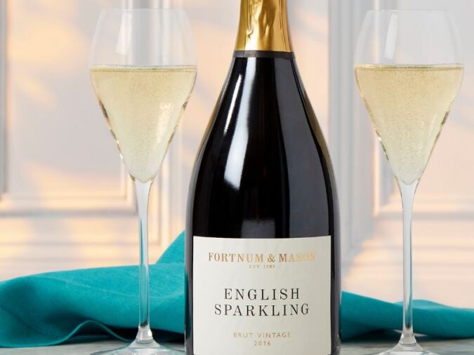 fortnum & mason english sparkling wine bottle and glasses