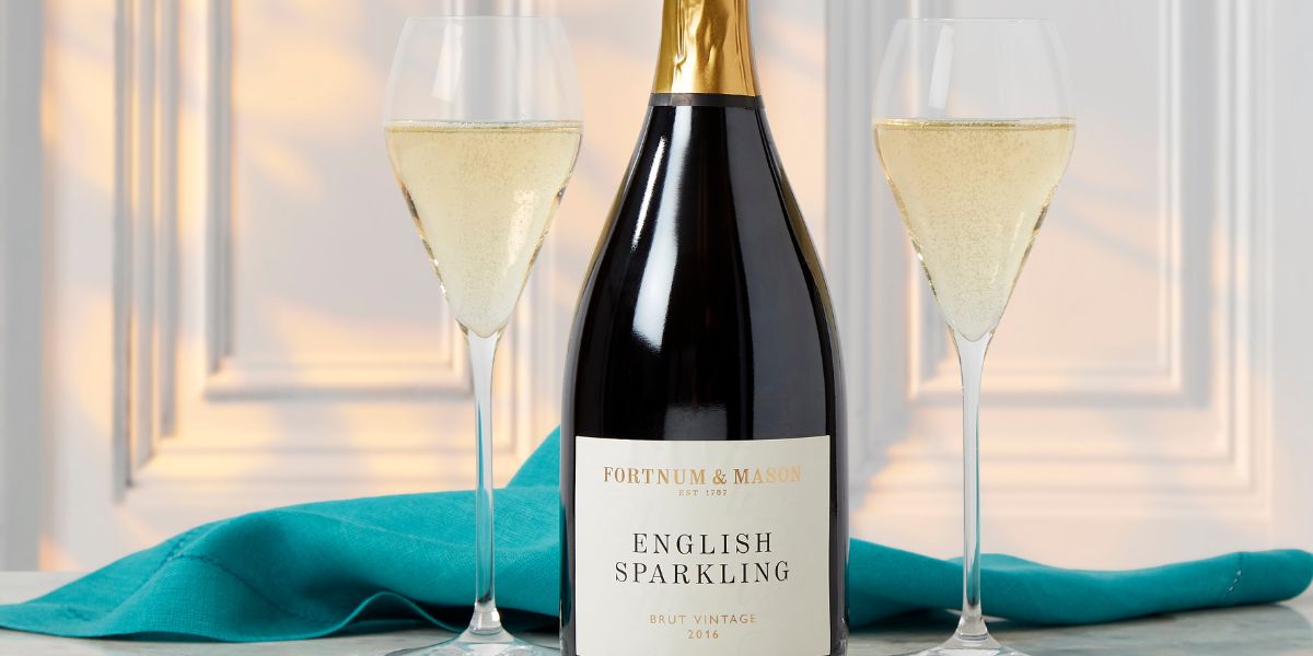 fortnum & mason english sparkling wine bottle and glasses