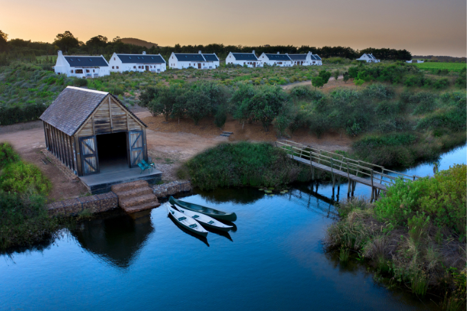 Canoe in front of the boathouse at Babylonstoren