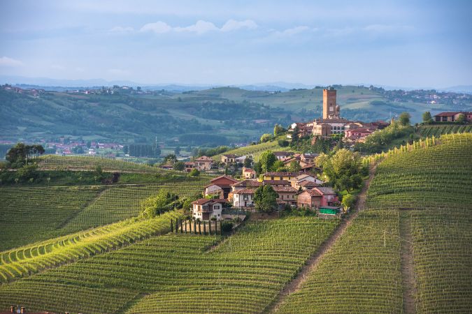 barbaresco town on top of vineyard hills